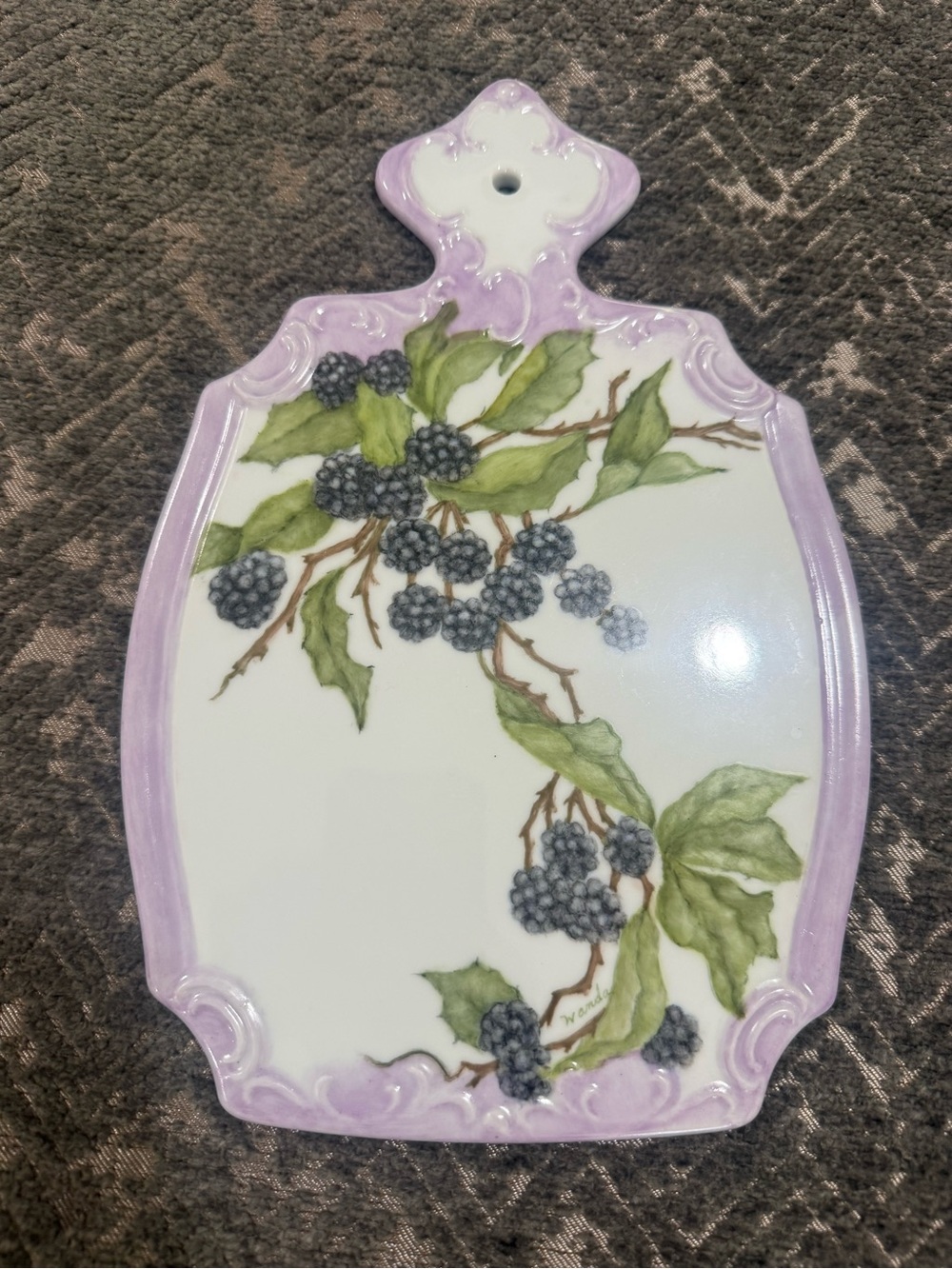 Vintage Hand Painted Porcelain Blackberry Cheese Board Trivet Lavender 11”